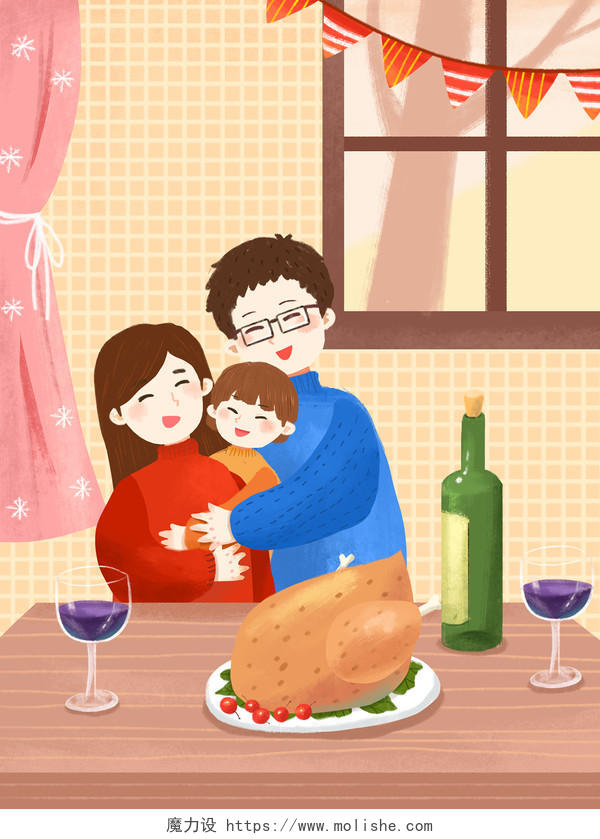 节日手绘感恩节一家三口温馨吃火鸡背景海报素材
